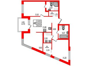 Квартира в ЖК ID Мурино 3, 3 комнатная, 66.26 м², 4 этаж