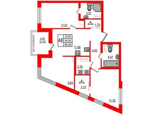 Квартира в ЖК ID Мурино 3, 3 комнатная, 66.26 м², 12 этаж