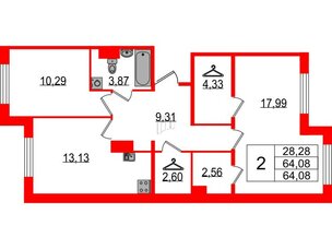 Квартира в ЖК Sertolovo Park, 1 комнатная, 64.08 м², 1 этаж