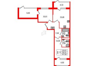 Квартира в ЖК «Дворцовый фасад», 2 комнатная, 52.21 м², 1 этаж