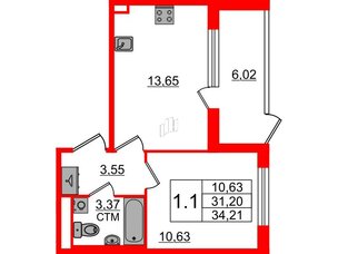 Квартира в ЖК 'Дворцовый фасад', 1 комнатная, 31.2 м², 1 этаж