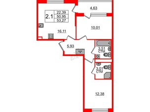 Квартира в ЖК 'Дворцовый фасад', 2 комнатная, 50.95 м², 2 этаж