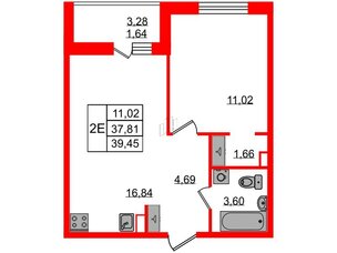 Квартира в ЖК Энфилд, 1 комнатная, 39.45 м², 2 этаж