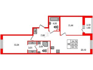 Квартира в ЖК Энфилд, 2 комнатная, 64.19 м², 3 этаж