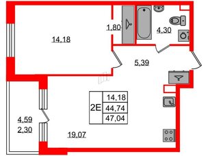 Квартира в ЖК Энфилд, 1 комнатная, 47.04 м², 3 этаж