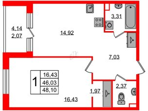 Квартира в ЖК Энфилд, 1 комнатная, 48.1 м², 2 этаж