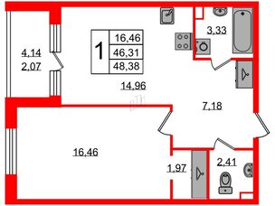 Квартира в ЖК Энфилд, 1 комнатная, 48.38 м², 3 этаж