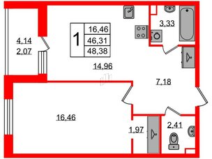 Квартира в ЖК Энфилд, 1 комнатная, 48.38 м², 5 этаж