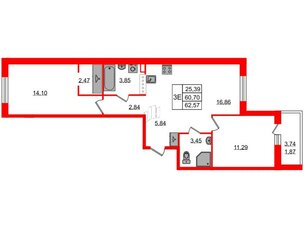 Квартира в ЖК Энфилд, 2 комнатная, 62.57 м², 3 этаж