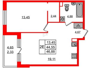 Квартира в ЖК Энфилд, 1 комнатная, 46.88 м², 2 этаж