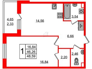 Квартира в ЖК Энфилд, 1 комнатная, 48.59 м², 5 этаж