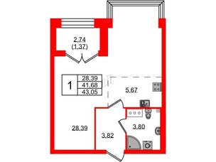 Квартира в ЖК Наука, 1 комнатная, 43.05 м², 11 этаж