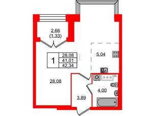 Квартира в ЖК Наука, 1 комнатная, 42.34 м², 12 этаж