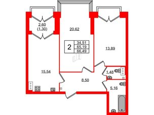 Квартира в ЖК Наука, 2 комнатная, 66.49 м², 11 этаж