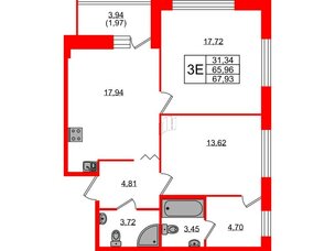 Квартира в ЖК Квартал Уютный, 2 комнатная, 67.93 м², 2 этаж