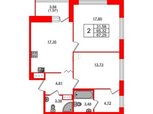 Квартира в ЖК Квартал Уютный, 2 комнатная, 67.29 м², 3 этаж
