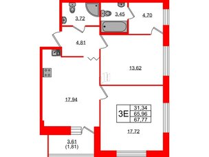 Квартира в ЖК Квартал Уютный, 2 комнатная, 67.77 м², 2 этаж