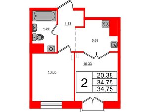 Апартаменты в ЖК ID Политех, 2 комнатные, 34.75 м², 3 этаж