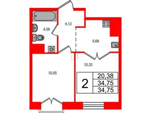 Апартаменты в ЖК iD Polytech, 2 комнатные, 34.75 м², 5 этаж