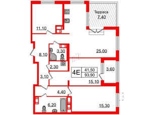 Квартира в ЖК Струны, 3 комнатная, 93.9 м², 22 этаж