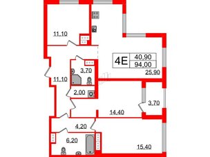 Квартира в ЖК Струны, 3 комнатная, 94 м², 23 этаж