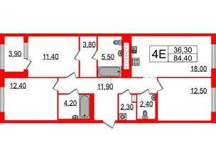 Квартира в ЖК Струны, 3 комнатная, 84.4 м², 3 этаж