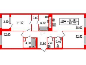 Квартира в ЖК Струны, 3 комнатная, 84.2 м², 4 этаж