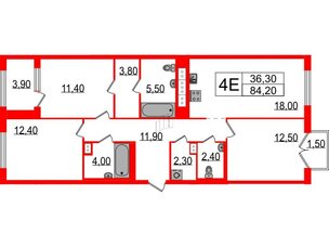 Квартира в ЖК Струны, 3 комнатная, 84.2 м², 9 этаж