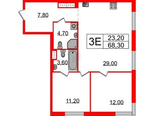 Квартира в ЖК Струны, 2 комнатная, 68.3 м², 4 этаж
