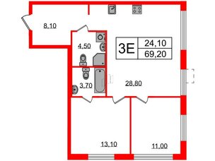 Квартира в ЖК Струны, 2 комнатная, 69.2 м², 2 этаж