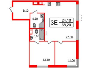 Квартира в ЖК Струны, 2 комнатная, 68.2 м², 3 этаж