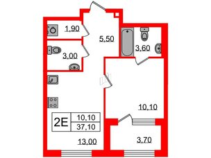 Квартира в ЖК Струны, 1 комнатная, 37.1 м², 2 этаж
