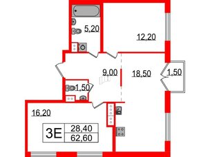 Квартира в ЖК Струны, 2 комнатная, 62.6 м², 5 этаж