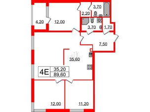 Квартира в ЖК Струны, 3 комнатная, 89.6 м², 3 этаж