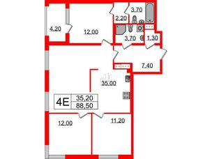 Квартира в ЖК Струны, 3 комнатная, 88.5 м², 4 этаж