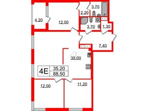 Квартира в ЖК Струны, 3 комнатная, 88.5 м², 12 этаж