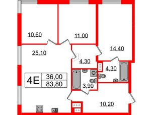 Квартира в ЖК Струны, 3 комнатная, 83.8 м², 4 этаж