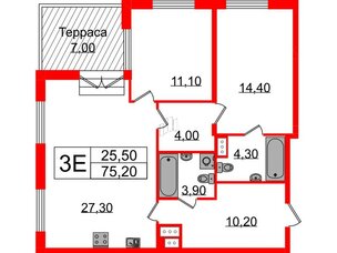 Квартира в ЖК Струны, 2 комнатная, 75.2 м², 22 этаж