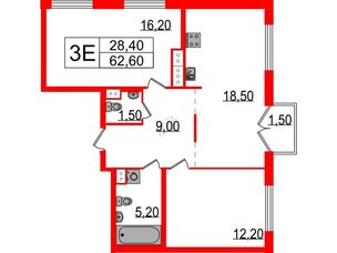 Квартира в ЖК Струны, 2 комнатная, 62.6 м², 9 этаж