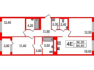 Квартира в ЖК Струны, 3 комнатная, 84.4 м², 3 этаж