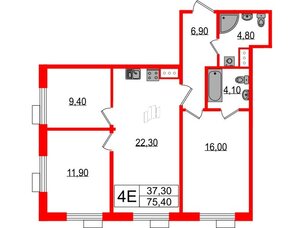 Квартира в ЖК Парусная 1, 3 комнатная, 75.4 м², 10 этаж
