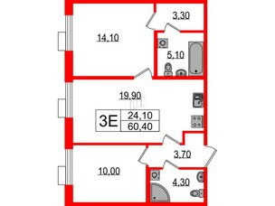 Квартира в ЖК Парусная 1, 2 комнатная, 60.4 м², 2 этаж
