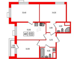 Квартира в ЖК Парусная 1, 3 комнатная, 75.3 м², 2 этаж