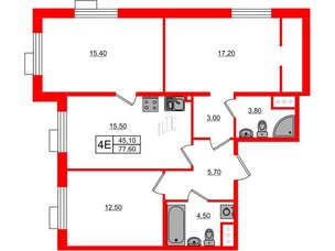Квартира в ЖК Парусная 1, 3 комнатная, 77.6 м², 4 этаж