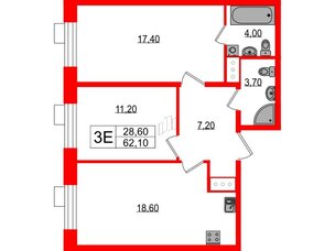 Квартира в ЖК Парусная 1, 2 комнатная, 62.1 м², 4 этаж