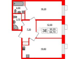 Квартира в ЖК Парусная 1, 2 комнатная, 64.7 м², 2 этаж