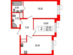 Квартира в ЖК Парусная 1, 2 комнатная, 60.1 м², 7 этаж