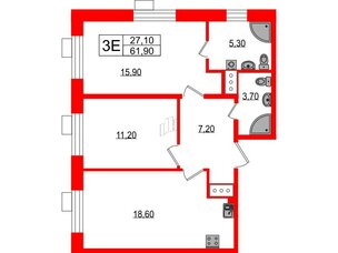 Квартира в ЖК Парусная 1, 2 комнатная, 61.9 м², 2 этаж
