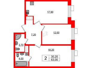 Квартира в ЖК Парусная 1, 2 комнатная, 63 м², 7 этаж