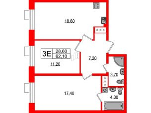 Квартира в ЖК Парусная 1, 2 комнатная, 62.1 м², 2 этаж